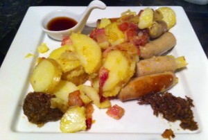 Bratwurst potatoes bacon jam cowboy jam spruce syrup