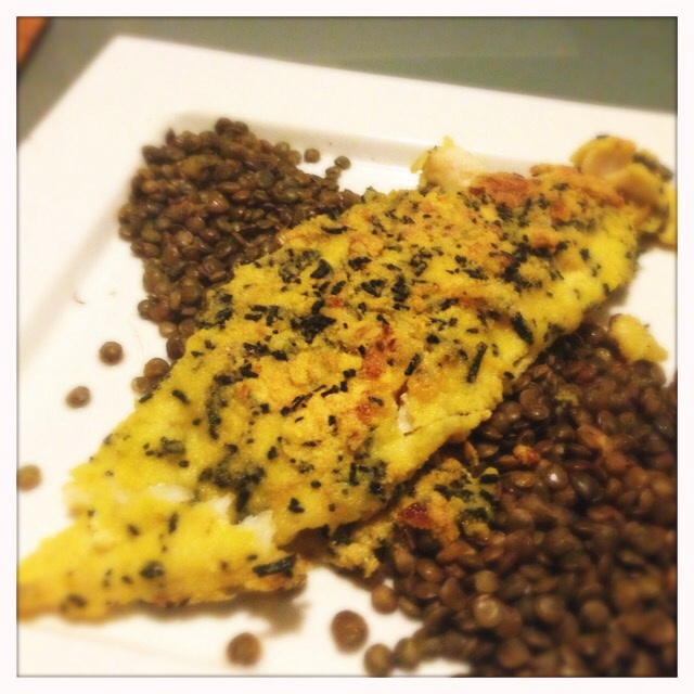 Fried Haddock Fillets with a Spirulina, Herb and Polenta Crust