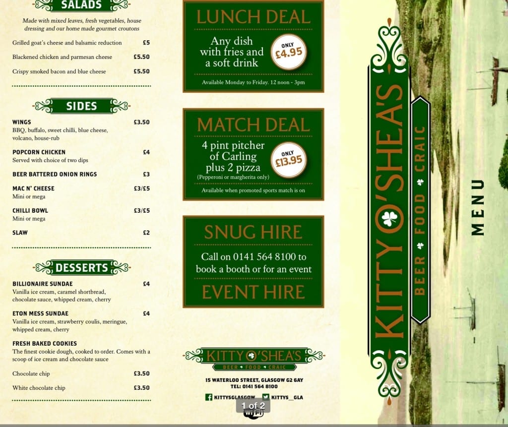 Kitty O'Shea's bar Waterloo street Glasgow menu