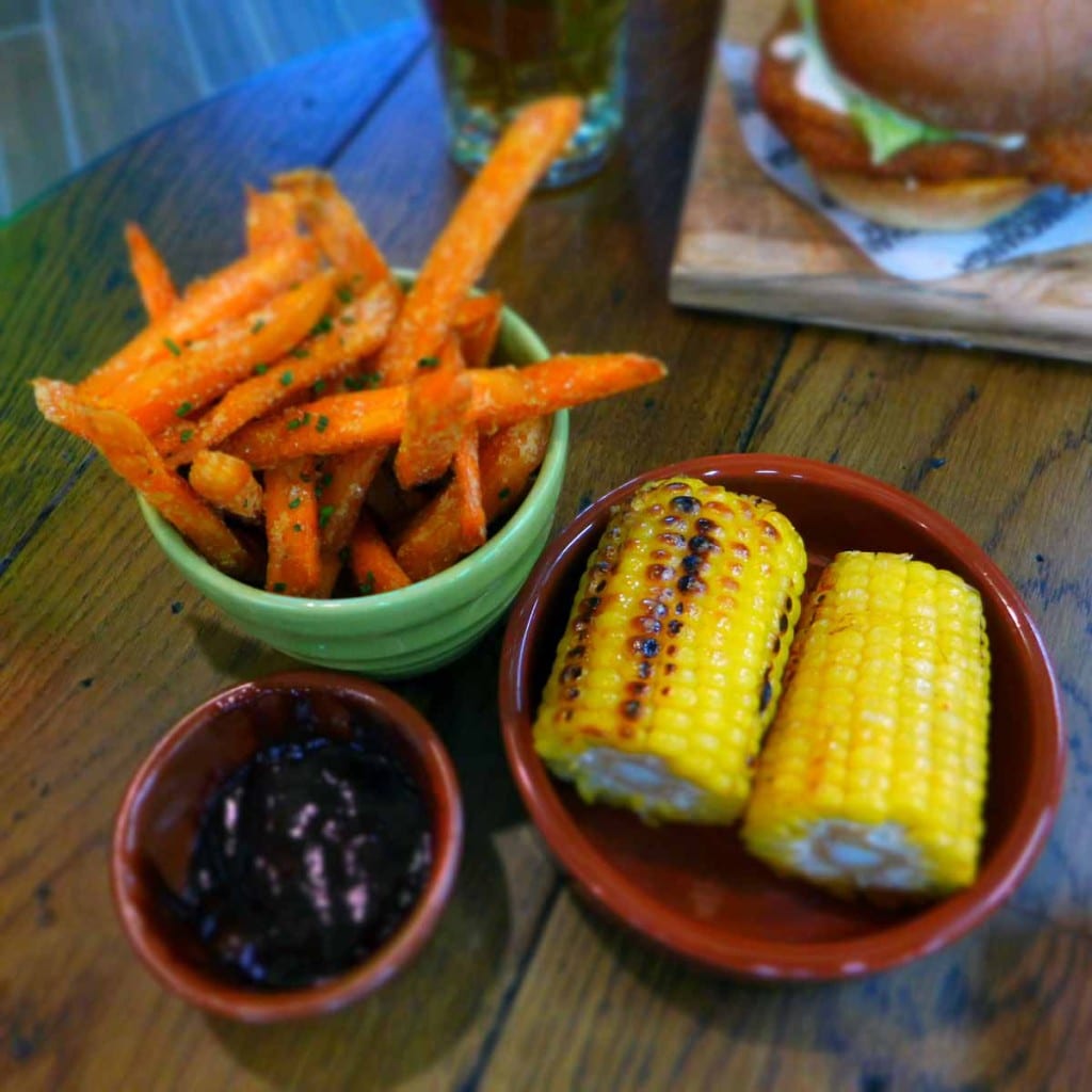 Chimmichanga - sweet potato fries and corn on the cob sides