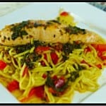 Scottish salmon on a bed of Asian ginger noodles finished with a sweet chilli and coriander butter