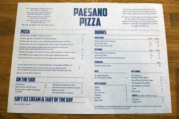 Paesano pizza - the menu