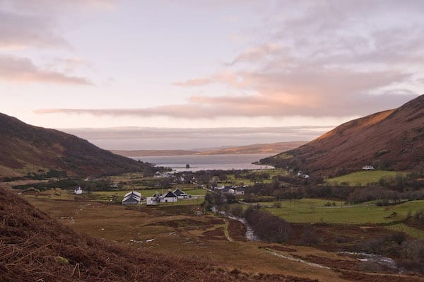 whisky scotland drink arran Distillery from hills - sunset