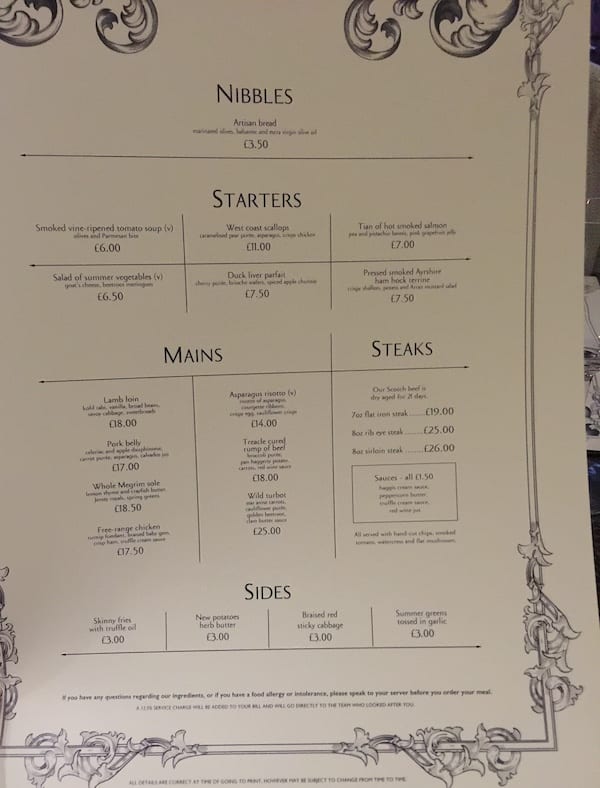 Acanthus Restaurant a la carte menu