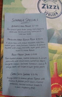 zizzi menu