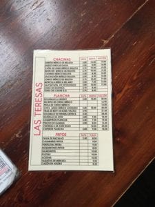 Las Teresas food menu, Seville