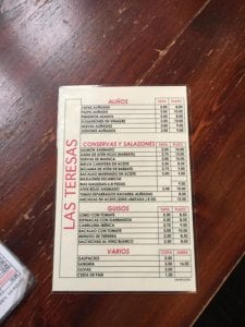 Las Teresas food menu, Seville