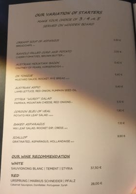 Menu Wohlfahrt's wirtshaus Austrian restaurant Berlin 