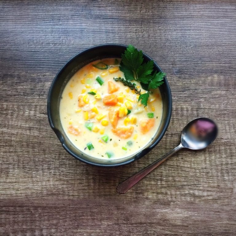 Recipe Vegan Sweet Potato & Sweetcorn Chowder • Foodie Explorers