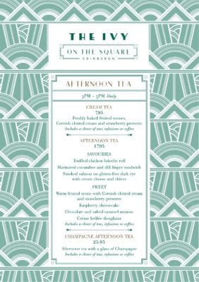 Afternoon Tea menu the Ivy on the Square Edinburgh