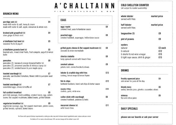 A’Challtainn Menu glasgow