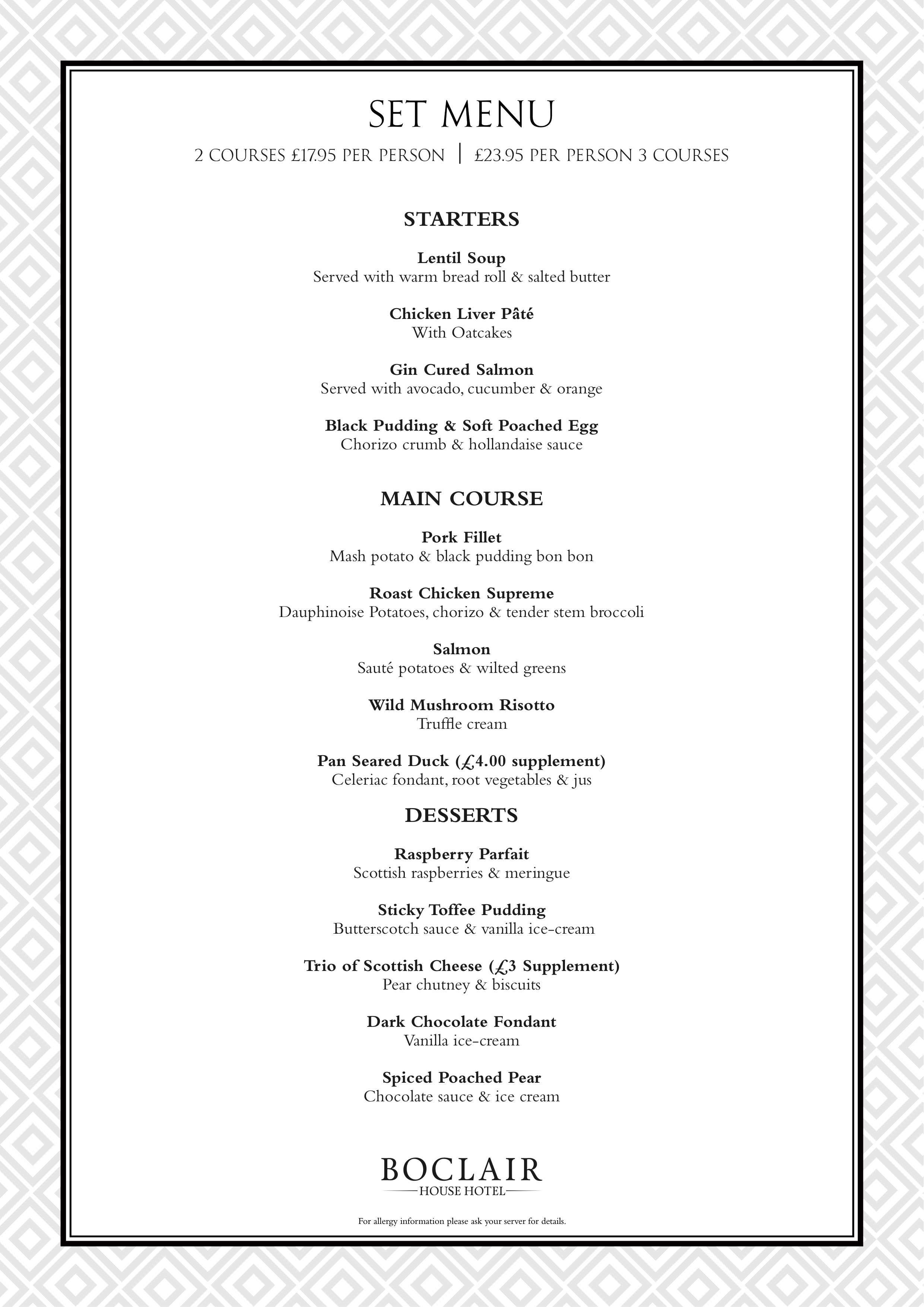 Boclair house Bearsden West End Glasgow Summer Menu