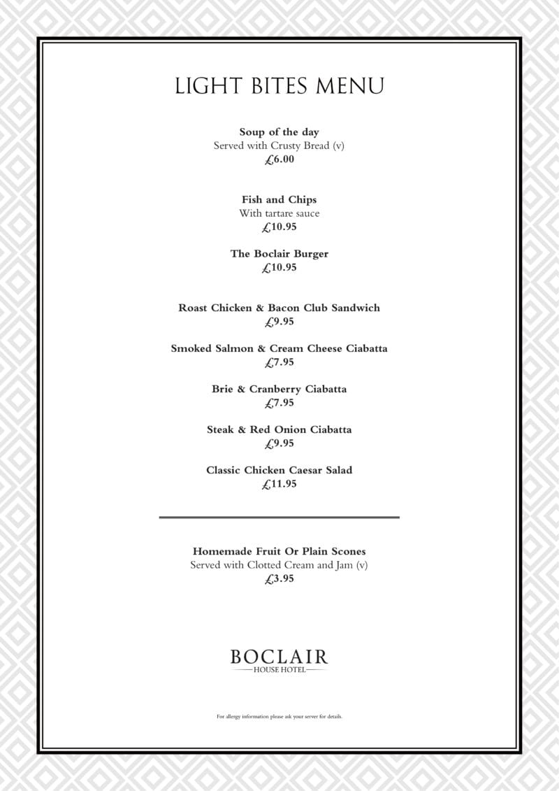 Boclair house Bearsden West End Glasgow Summer Menu