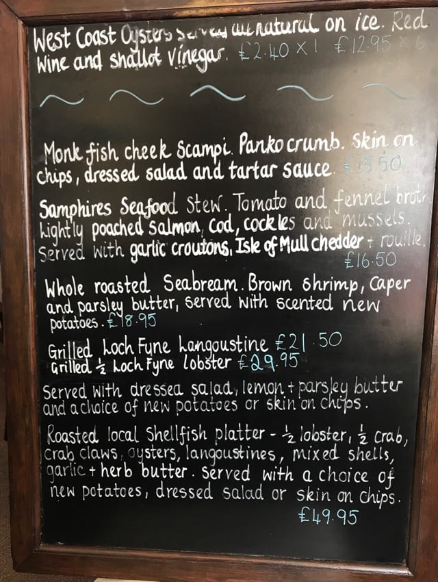 Menu specials Samphire seafood restaurant Inveraray scotland 