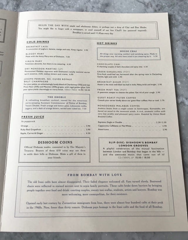 Breakfast menu Dishoom Edinburgh breakfast brunch foodie explorers