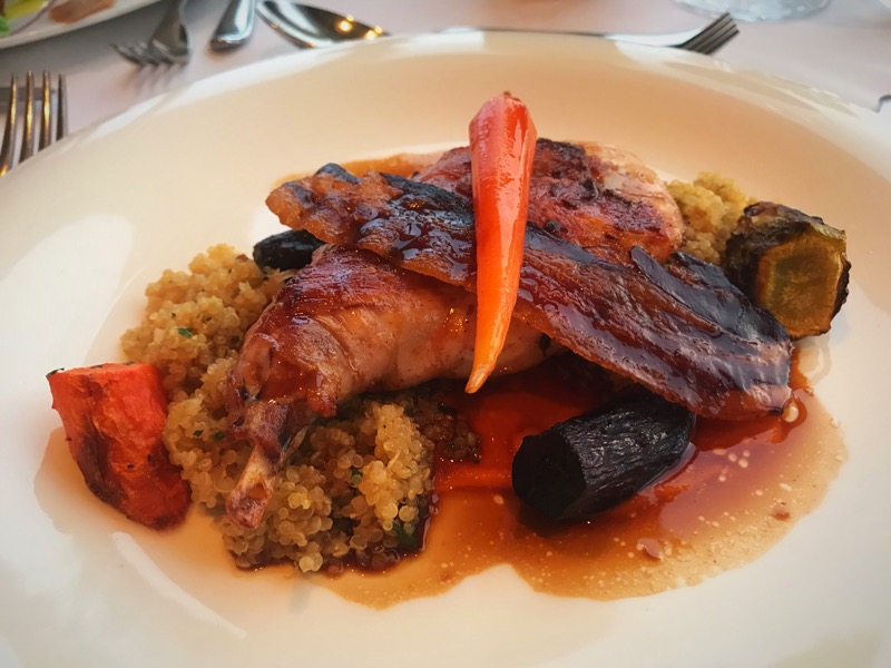 The Headland Hotel - Confit rabbit leg, pancetta crisp, quinoa, heritage carrots