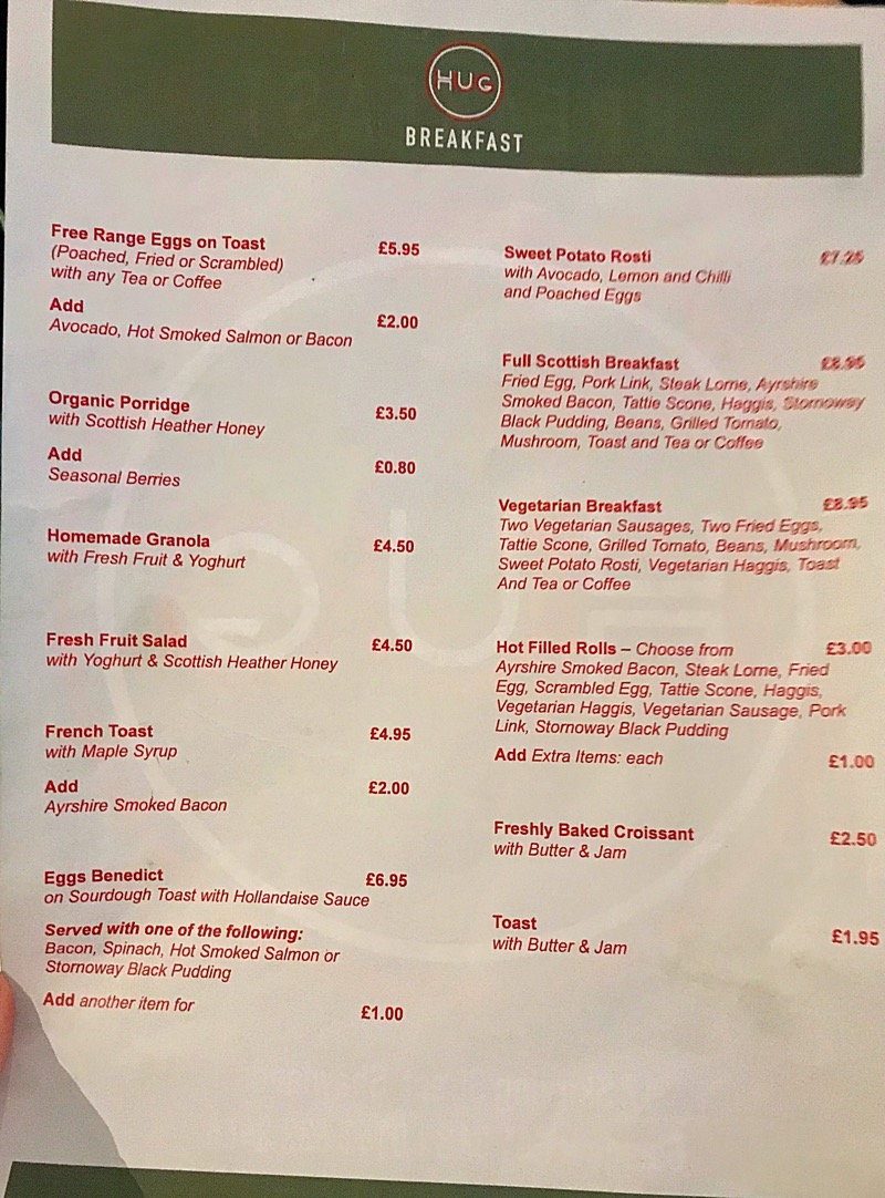 Hug Shawlands cafe menu 