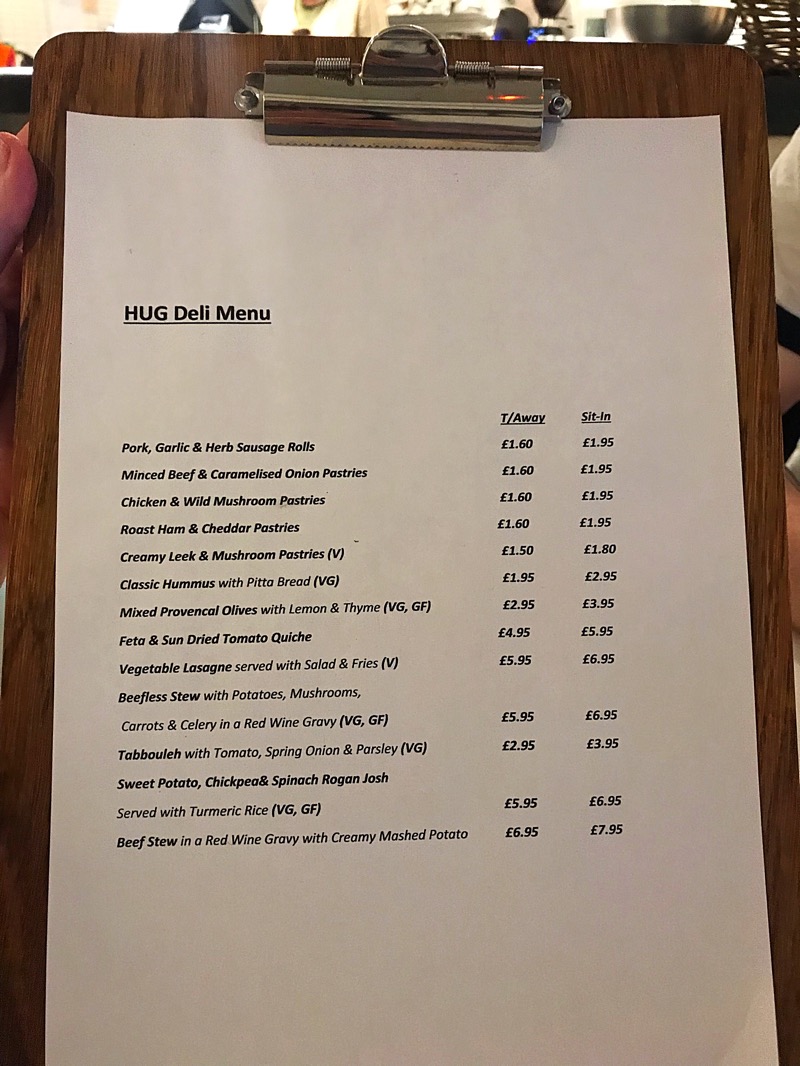 Hug Shawlands cafe menu 