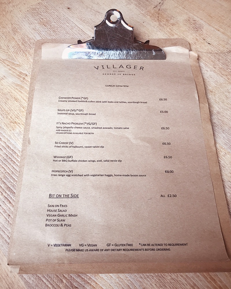 Villager bar Edinburgh food menu