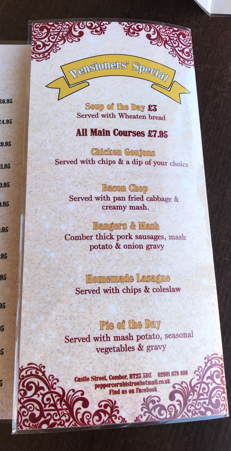 The peppercorn bistro comber menu 