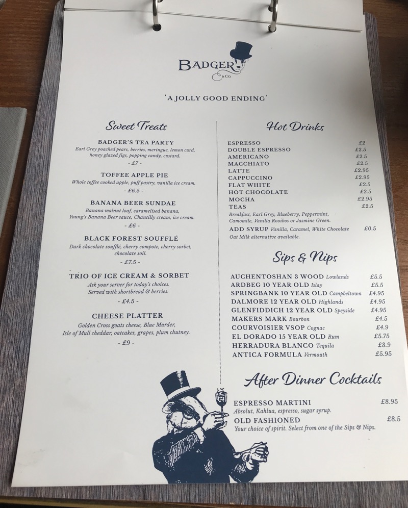 Badger and co Edinburgh menu