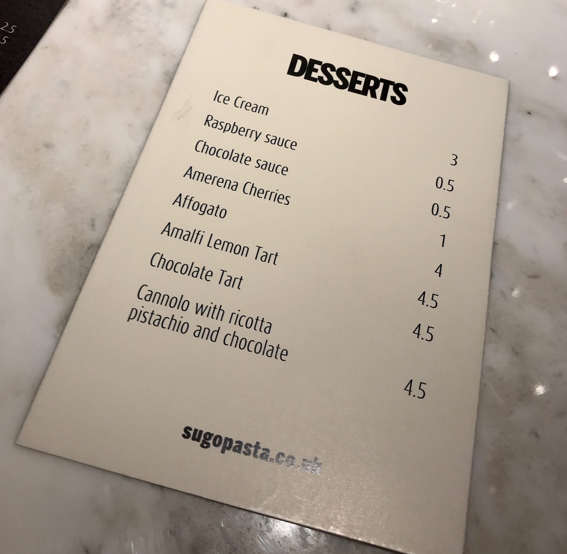 Dessert menu sugo Glasgow 