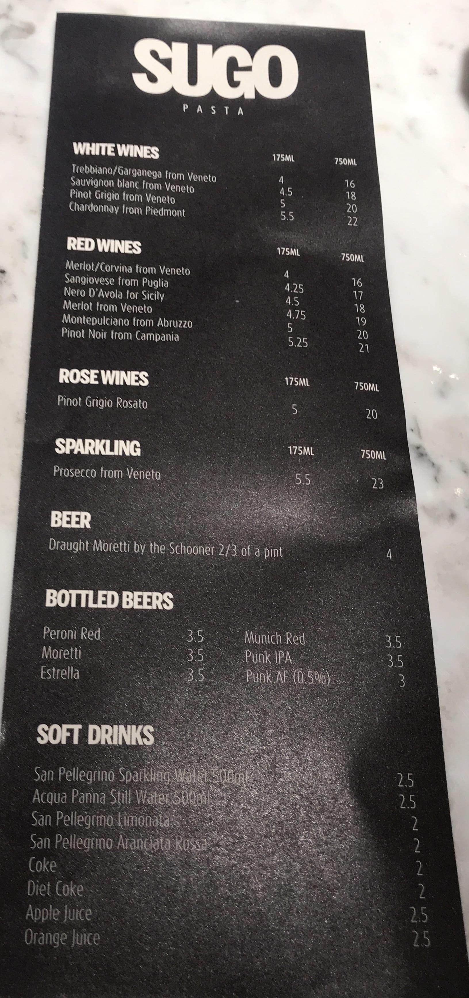 Drinks menu sugo Glasgow 