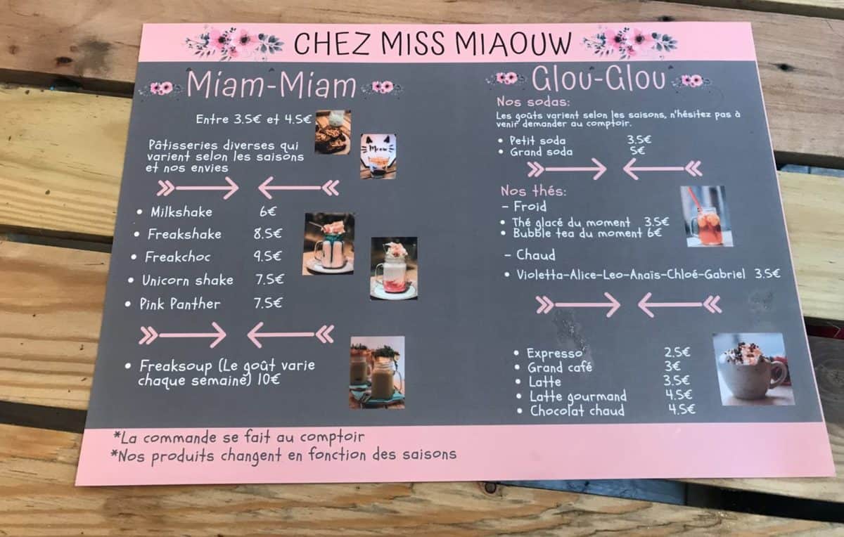 Chez Miss Miaouw Cat cafe menu 