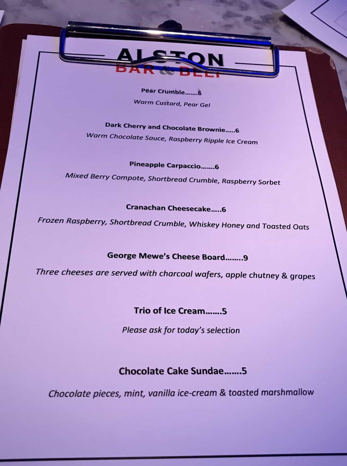 Alston bar and beef dessert menu
