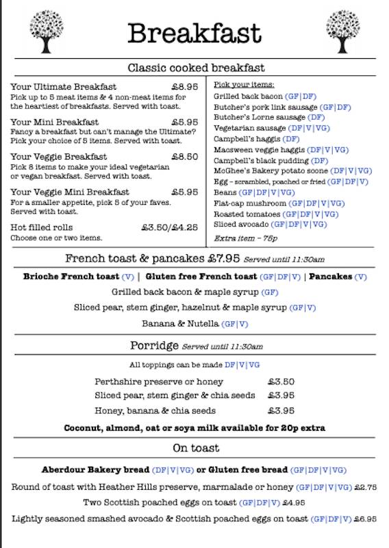 Heaven Scent Milnathort Breakfast Menu