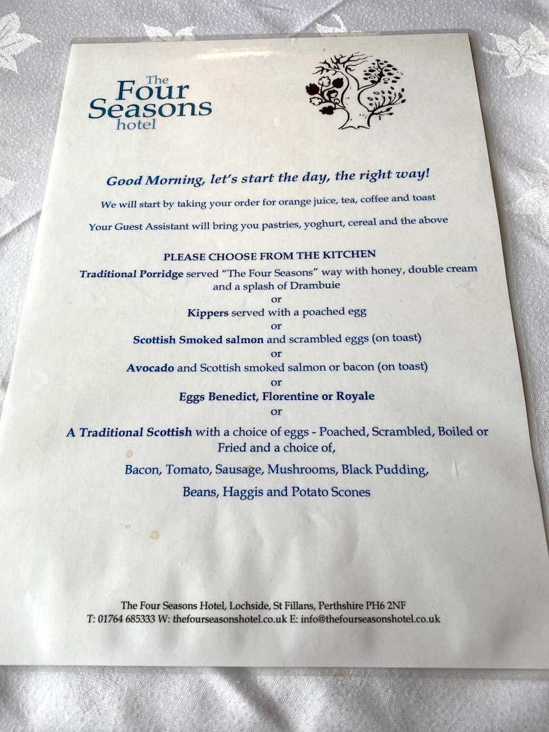 The Four Seasons breakfast menu