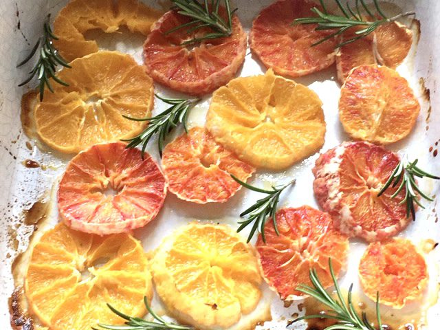 Maple syrup and rosemary caramelised oranges pin