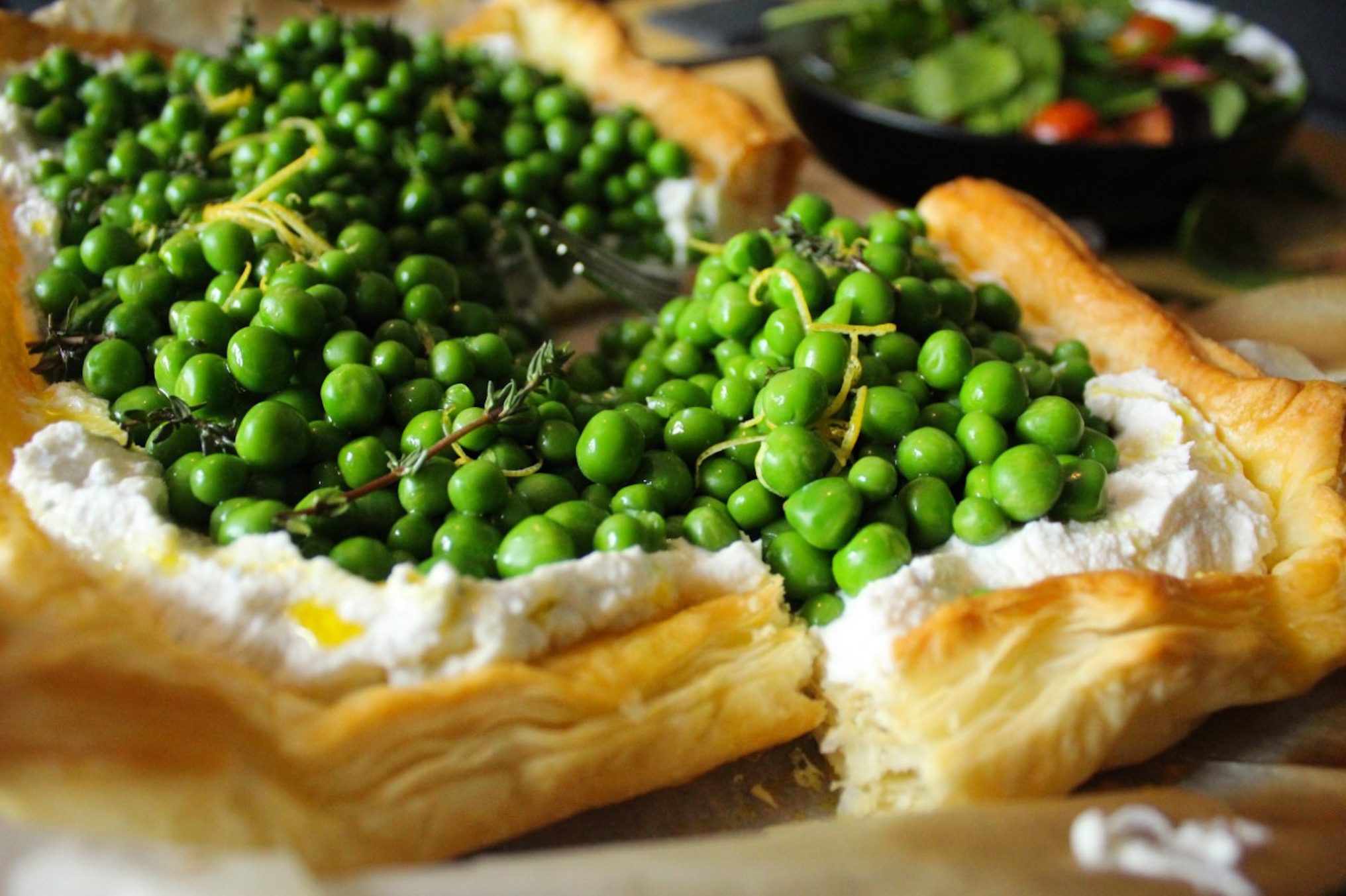 Spring pea, thyme & lemon ricotta tart