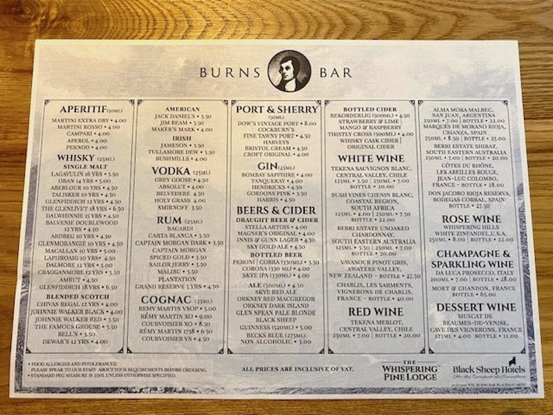 the whispering pine lodge bar menu