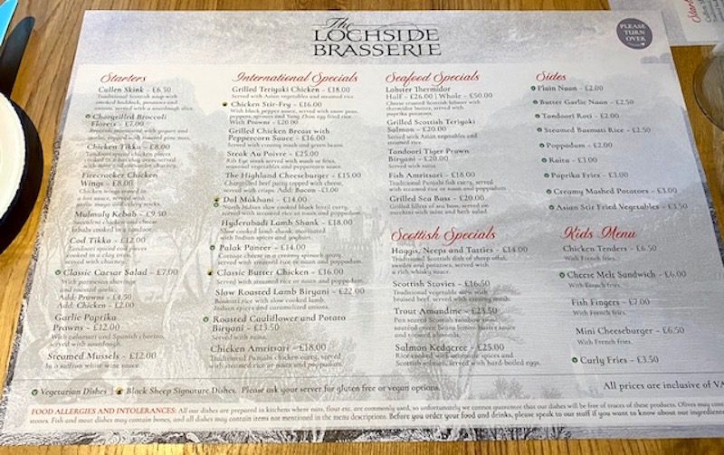 the whispering pine lodge lochside brasserie menu