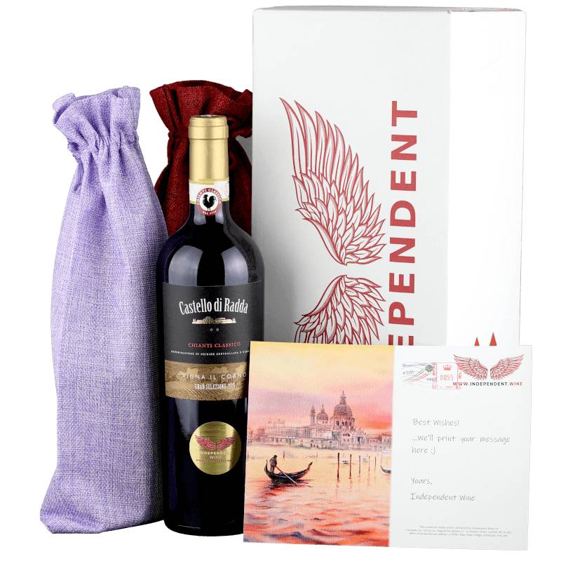 Bottles of wine in gift wrapping, Castello di Radda, box of wine and best wishes card