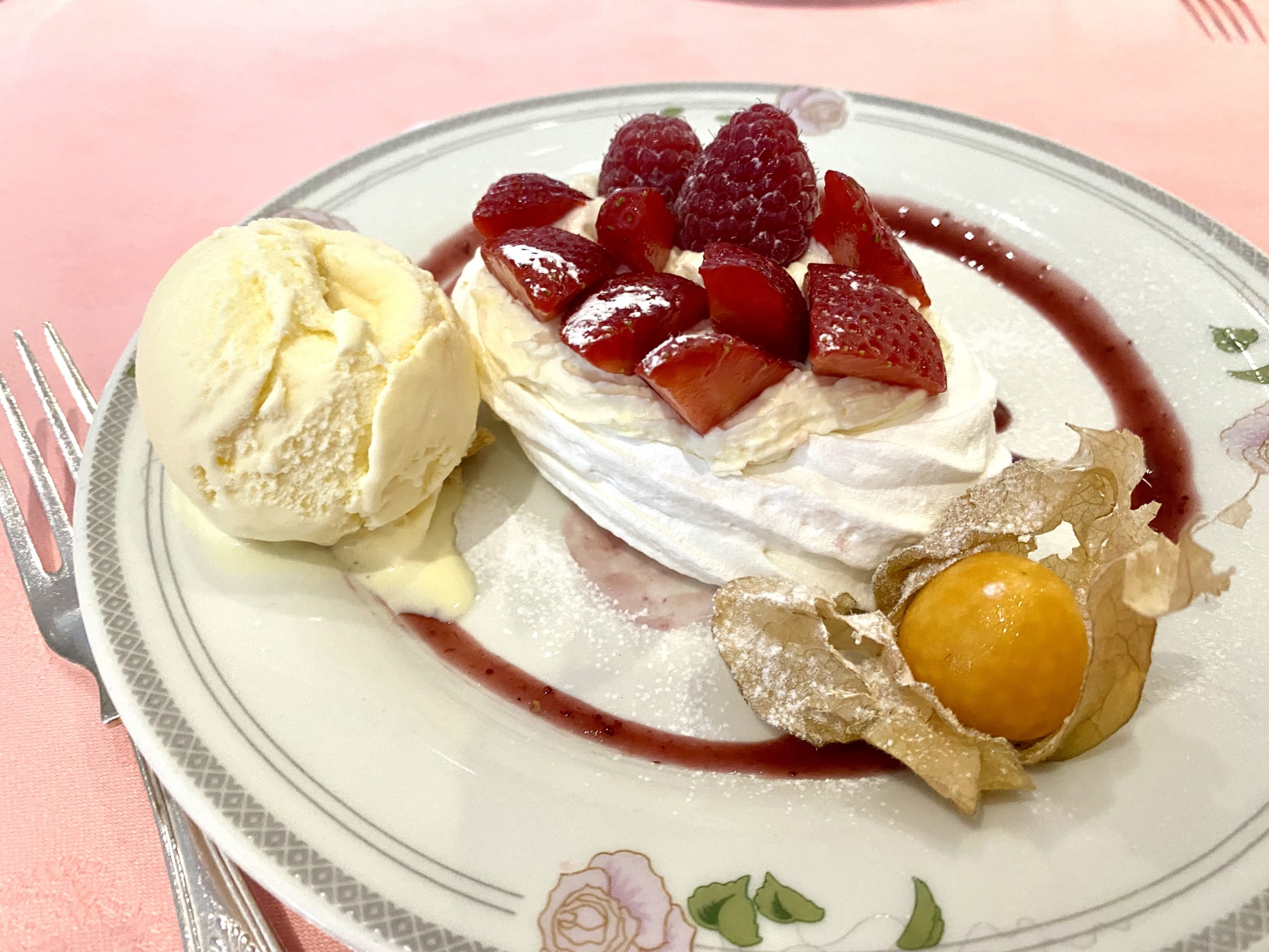 Fruit pavlova with ice cream served at Oslo Court London