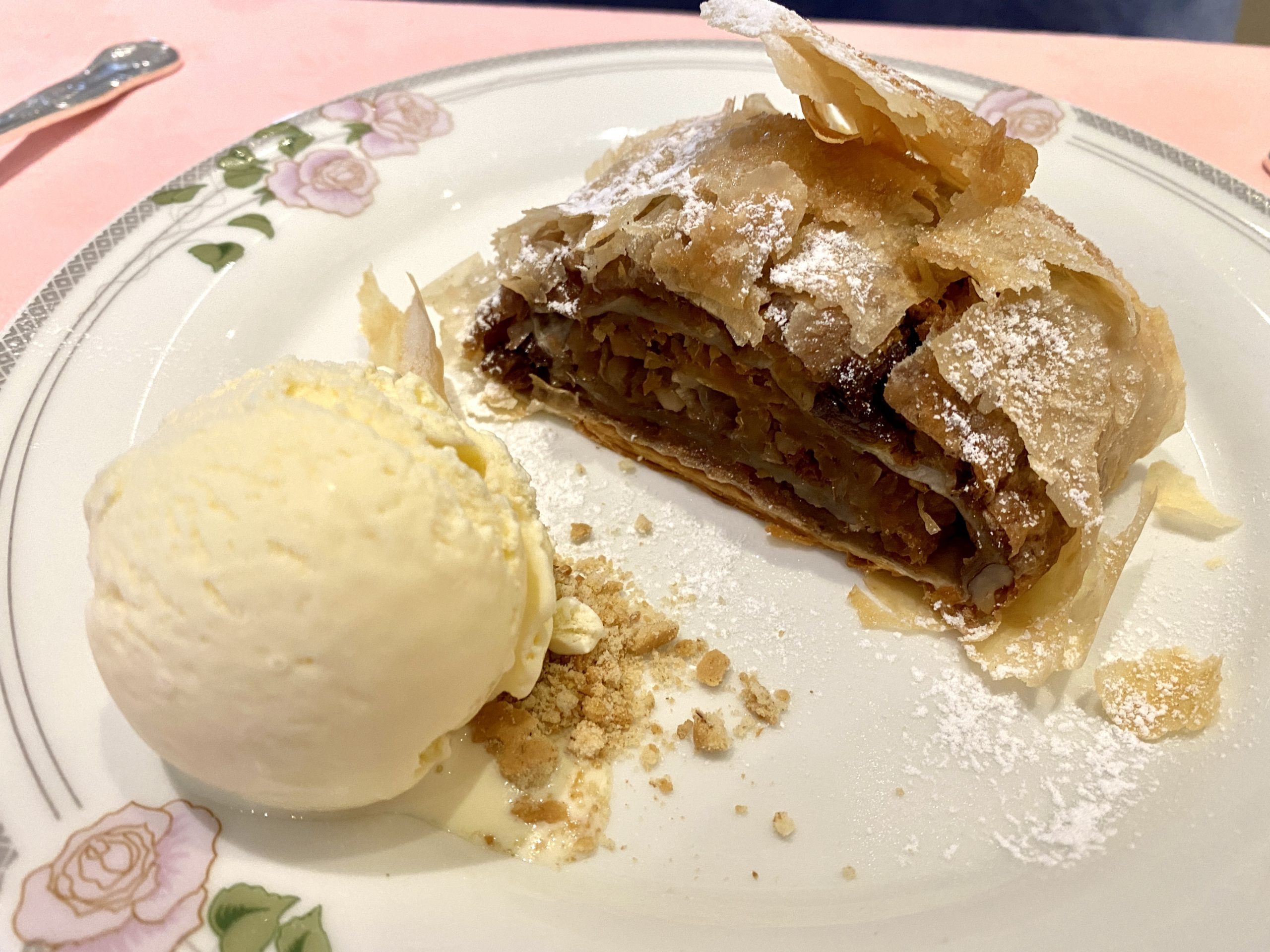 Apple strudel dessert served at Oslo Court restaurant London