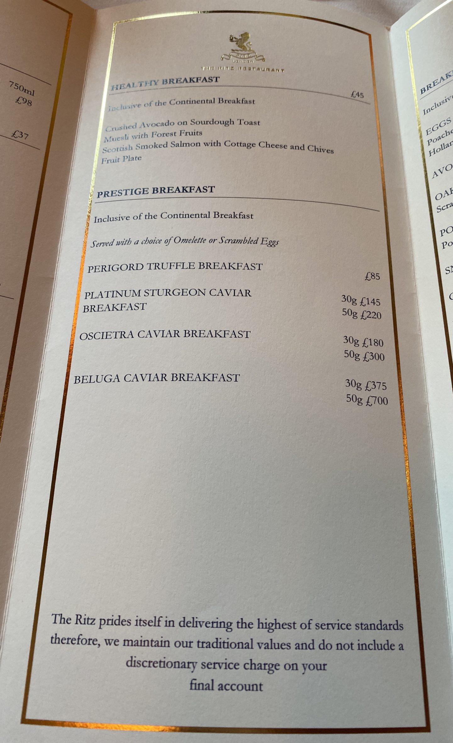 Breakfast menu the ritz hotel London 