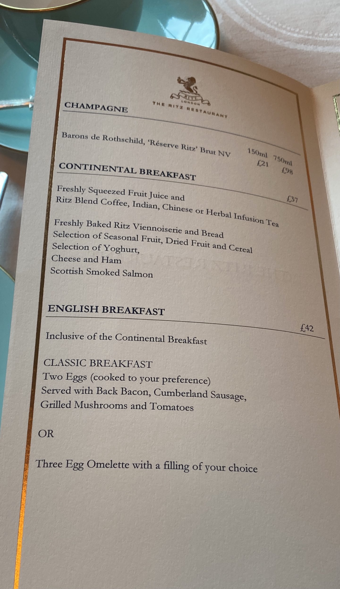 Breakfast menu the ritz hotel London 