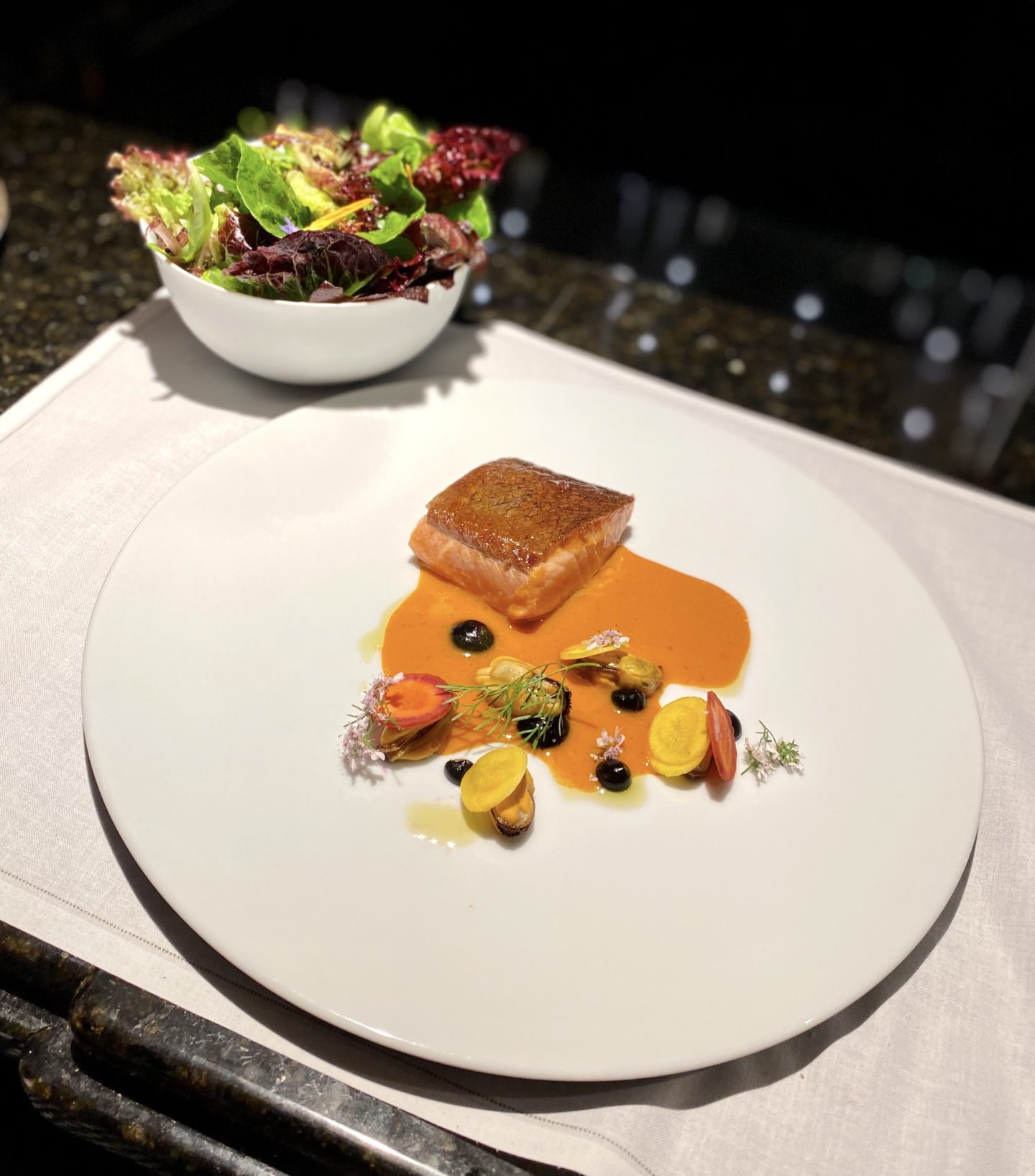 Loch Etive Sea Trout, Carrot, Mussel served with Tomnah'a Organic Leaf Salad.