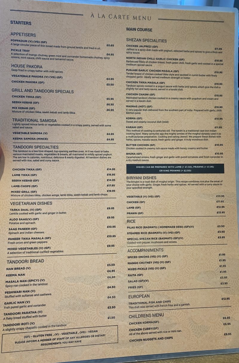 Shezan Edinburgh Punjabi food Menu
