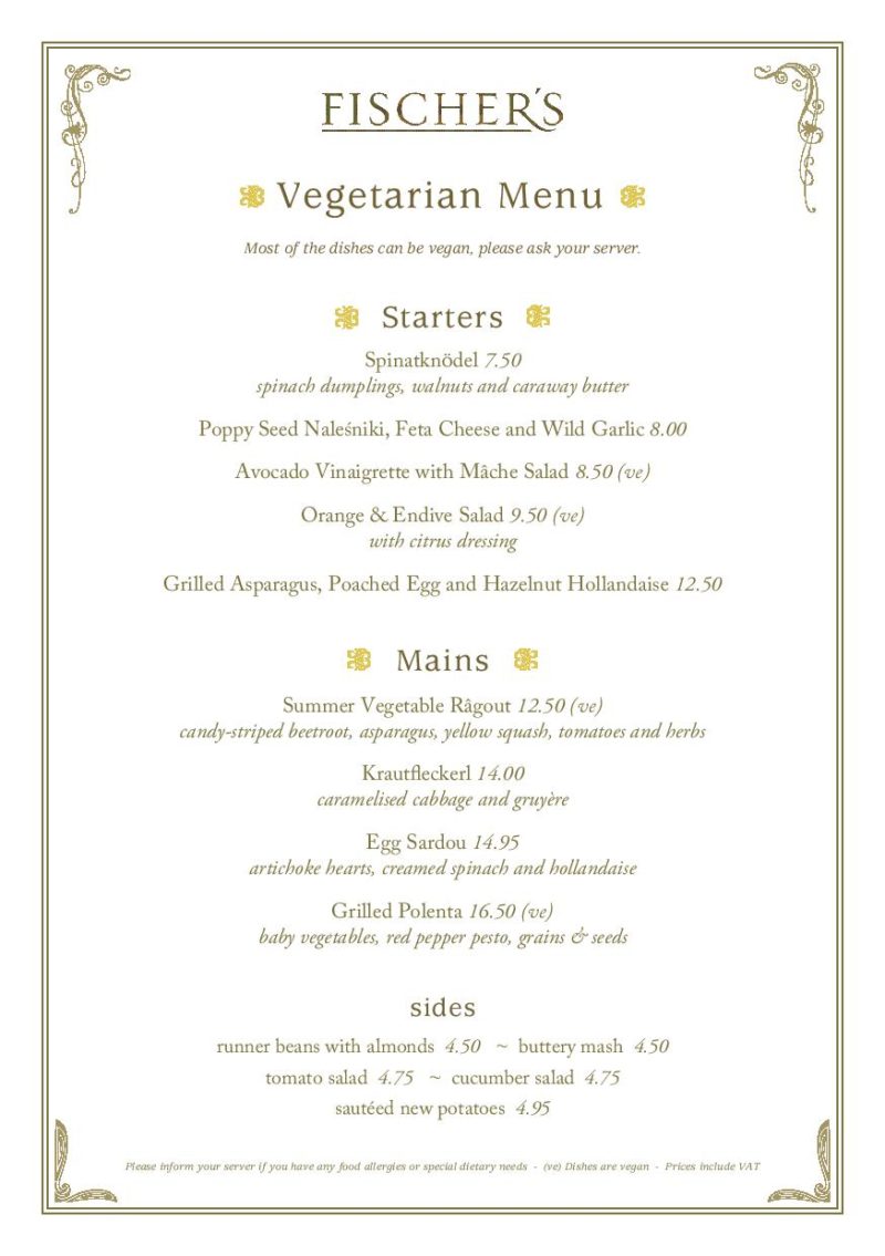 Fischer’s vegetarian menu 