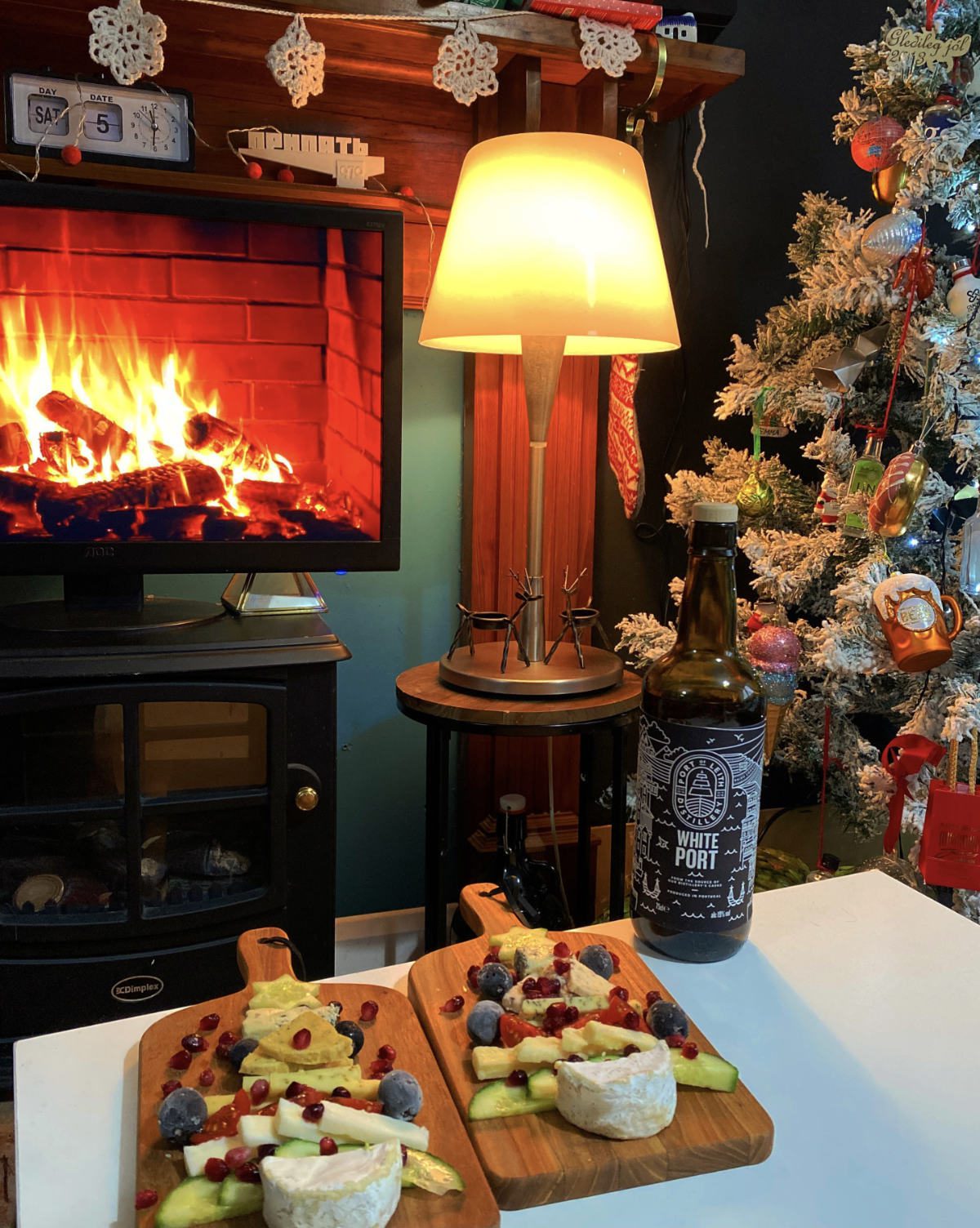 christmas tree cheeseboard and fire