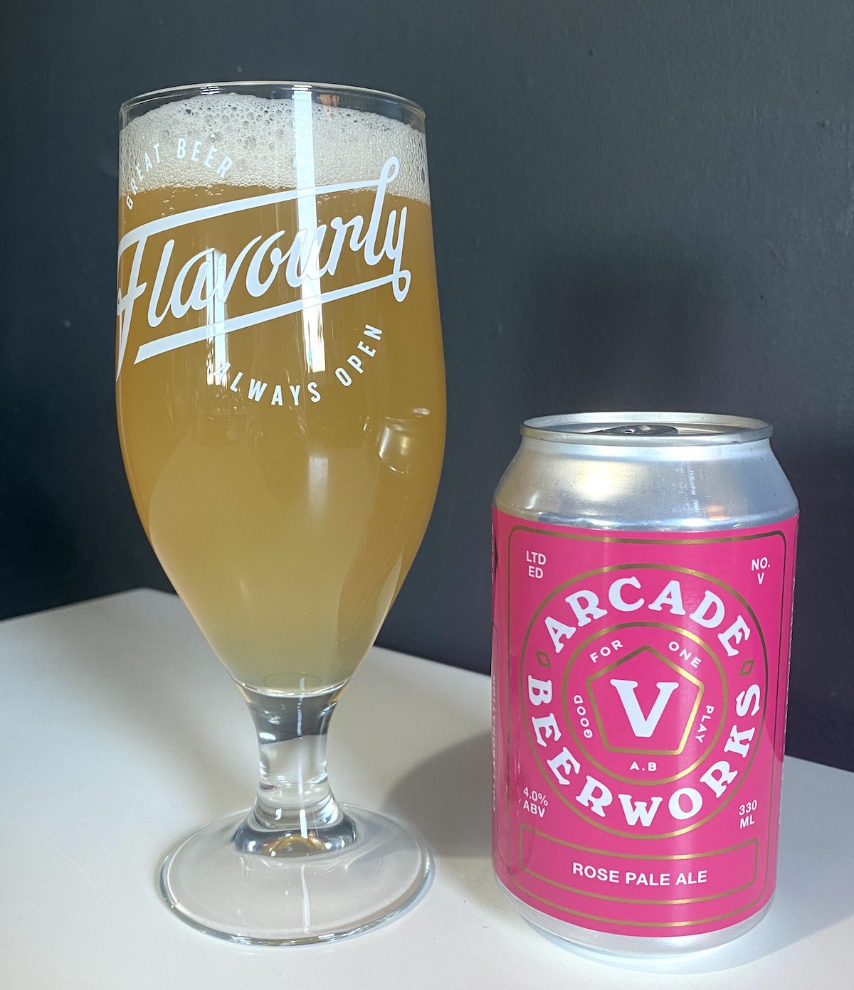 Arcade Beer Works Rose Pale Ale poured can in Flavourly glass