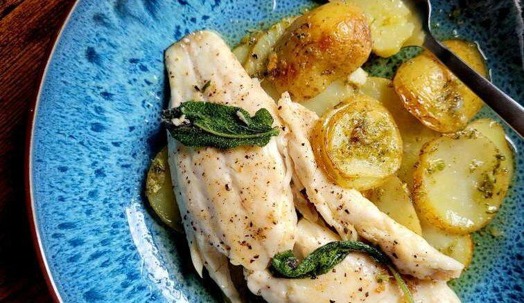 pan fried sea bass with garlic sage potatoes