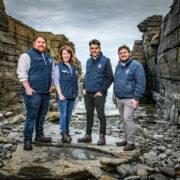 A photo of North Point Distillery founders Alex MacDonald (L), Struan Mackie (R), Head Distiller Greg Benson (RM) and Brand Ambassador Laura Pearce (LM) in Forss, West Caithness  credit Angus Mackay.