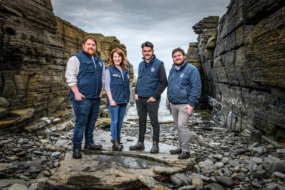 A photo of North Point Distillery founders Alex MacDonald (L), Struan Mackie (R), Head Distiller Greg Benson (RM) and Brand Ambassador Laura Pearce (LM) in Forss, West Caithness  credit Angus Mackay.