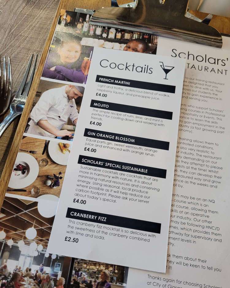 city of glasgow college scholars restaurant cocktail menu 
