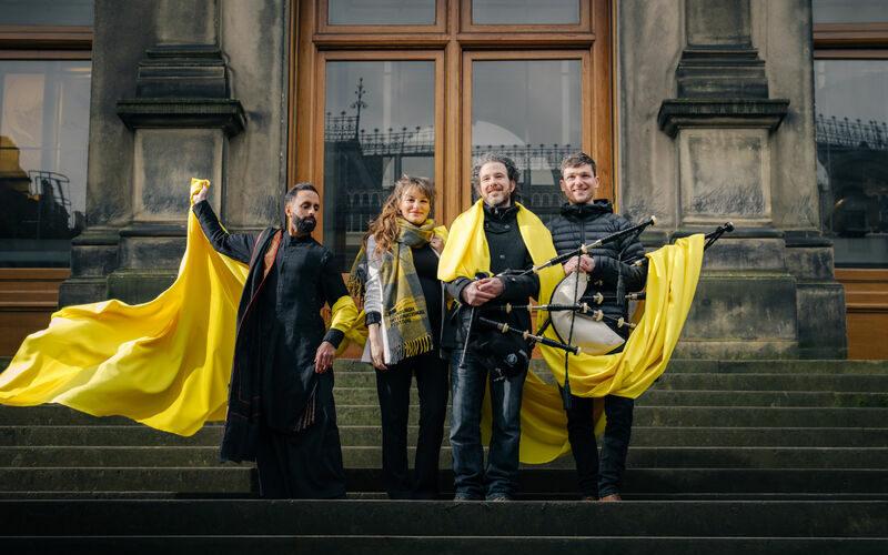 Festival Director, Nicola Benedetti, celebrates the launch of the 2024 Edinburgh International Festival   with dancer Aakash Odedra and musicians Calum MacCrimmon and Conal McDonagh  from Breabach at the National Museum of Scotland. Photo by Mihaela Bodlovic. 